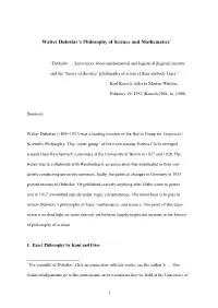 Walter Dubislav's Philosophy of Science and Mathematics1