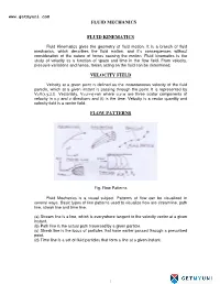 Fluid Mechanics Fluid Kinematics Velocity Field Flow Patterns