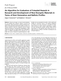 An Algorithm for Evaluation of Potential Hazards in Research and Development of New Energetic Materials in Terms of Their Detonationballistic and Profiles