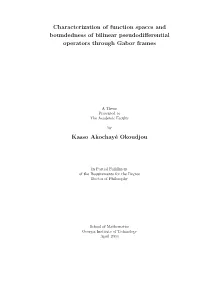 Characterization of Function Spaces and Boundedness of Bilinear Pseudodiﬀerential Operators Through Gabor Frames
