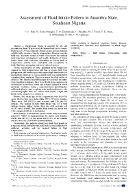 Assessment of Fluid Intake Pattern in Anambra State, Southeast Nigeria