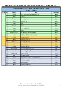 Broadcast Schedule for Wednesday 11 August 2021