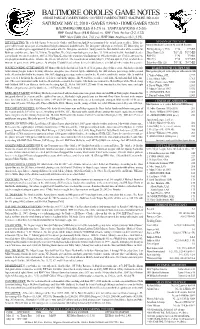 Baltimore Orioles Game Notes
