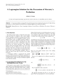 A Lagrangian Solution for the Precession of Mercury's Perihelion