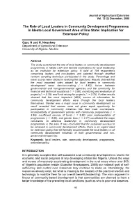 The Role of Local Leaders in Community Development Programmes in Ideato Local Government Area of Imo State: Implication for Extension Policy