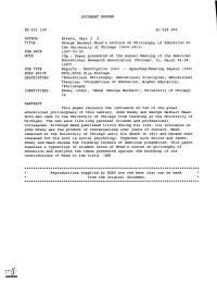 George Herbert Mead's Lecture on Philosophy of Education at The