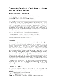 Enumeration Complexity of Logical Query Problems with Second Order Variables