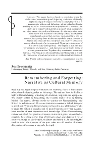 Remembering and Forgetting: Narrative As Cultural Memory