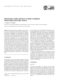 Summertime Winds and Direct Cyclonic Circulation: Observations from Lake Geneva