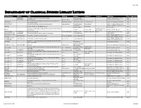 Classical Studies Departmental Library Booklist