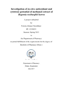 Investigation of In-Vitro Antioxidant and Cytotoxic Potential of Methanol Extract of Begonia Roxburghii Leaves
