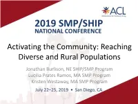 Reaching Diverse and Rural Populations Jonathan Burlison, NE SHIP/SMP Program Lucilia Prates Ramos, MA SMP Program Kristen Westaway, MA SMP Program Nebraska SHIIP