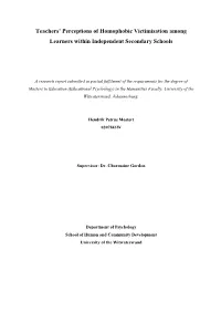 Teachers' Perceptions of Homophobic Victimisation Among Learners Within Independent Secondary Schools