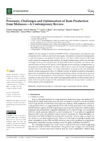 Processes, Challenges and Optimisation of Rum Production from Molasses—A Contemporary Review