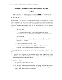 Programmable Logic Devices (Plds) Lecture 1 Introduction to Micro-Processors and Micro-Controllers