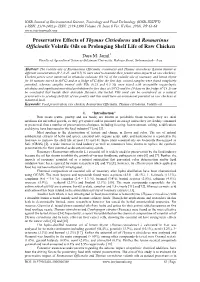 Preservative Effects of Thymus Citriodorus and Rosmarinus Officinalis Volatile Oils on Prolonging Shelf Life of Raw Chicken