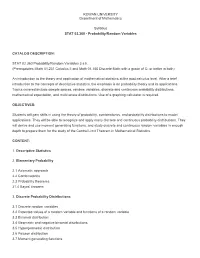Probability/Random Variables CATALOG DESCRIPTION