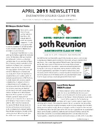 APRIL 2011 Newsletter DARTMOUTH COLLEGE CLASS of 1981