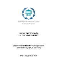 LIST of PARTICIPANTS LISTE DES PARTICIPANTS 206Th Session of the Governing Council