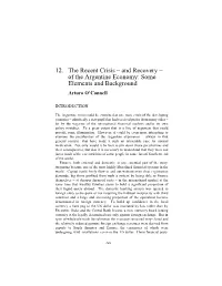 12. the Recent Crisis – and Recovery – of the Argentine Economy: Some Elements and Background