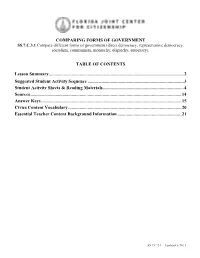Comparing Forms of Government Table Of
