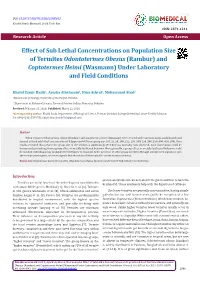 Effect of Sub Lethal Concentrations on Population Size of Termites Odontotermes Obesus (Rambur) and Coptotermes Heimi (Wasmann) Under Laboratory and Field Conditions