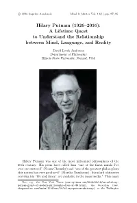 Hilary Putnam (1926–2016): a Lifetime Quest to Understand the Relationship Between Mind, Language, and Reality