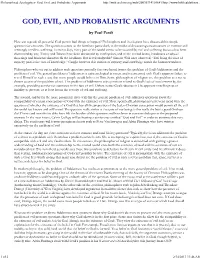 Philosophical Apologetics- God, Evil, and Probalistic Arguments