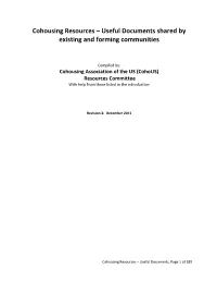 Cohousing Resources – Useful Documents Shared by Existing and Forming Communities