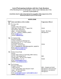 List of Participating Institutes with Their Code Numbers (The Following List Is Not Exhaustive, Many More Institutes Are in the Process of Participation)