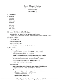 Board of Regents Meeting Virtually, Via Zoom Protocol Thursday, 5/6/2021 4:00 - 6:00 PM CT