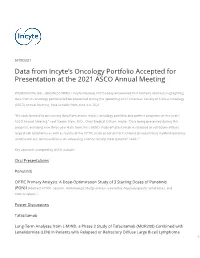 Data from Incyte's Oncology Portfolio Accepted for Presentation at The