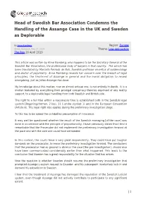 Head of Swedish Bar Association Condemns the Handling of the Assange Case in the UK and Sweden As Deplorable