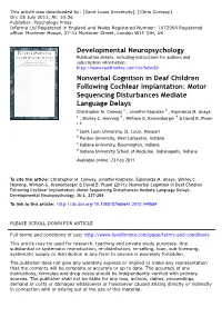 Developmental Neuropsychology Nonverbal Cognition in Deaf Children Following Cochlear Implantation: Motor Sequencing Disturbance