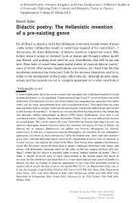 Didactic Poetry: the Hellenistic Invention of a Pre-Existing Genre