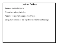 Lecture 13 Leks, Adaptation, Phylogenetic Tests