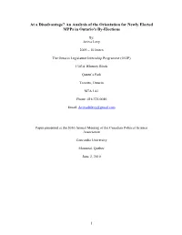 An Analysis of the Orientation for Newly Elected Mpps in Ontario's By