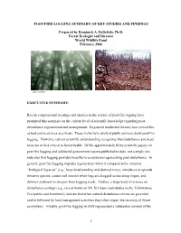 Post-Fire Logging Summary of Key Studies and Findings