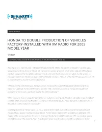Honda to Double Production of Vehicles Factory-Installed with Xm Radio for 2005 Model Year