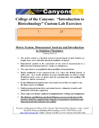Metric System, Dimensional Analysis and Introduction to Solution Chemistry Version 04-06-12