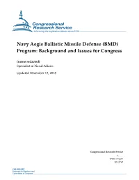 Navy Aegis Ballistic Missile Defense (BMD) Program: Background and Issues for Congress