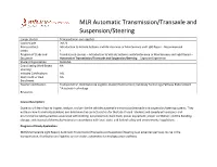 MLR Automatic Transmission/Transaxle And