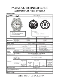 PARTS LIST / TECHNICAL GUIDE Automatic Cal