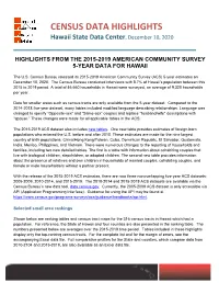 DBEDT Highlights for the State of Hawaii 2019