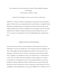 1 Kant's Moderate Cynicism and the Harmony Between Virtue and Worldly Happiness David Forman the University of Nevada, Las