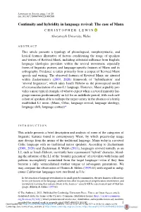 Continuity and Hybridity in Language Revival: the Case of Manx CHRISTOPHER LEWIN Aberystwyth University, Wales