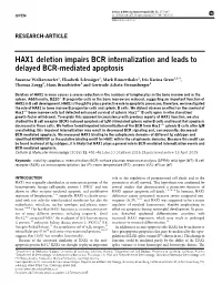 HAX1 Deletion Impairs BCR Internalization and Leads to Delayed BCR-Mediated Apoptosis