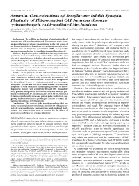 Amnestic Concentrations of Sevoflurane Inhibit Synaptic