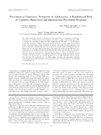 Prevention of Depressive Symptoms in Adolescents: a Randomized Trial of Cognitive–Behavioral and Interpersonal Prevention Programs