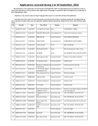 Applications Received During 1 to 30 September, 2019